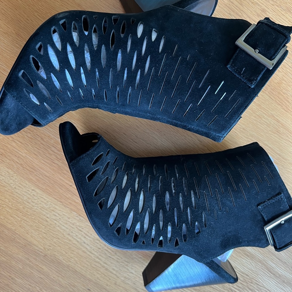 Brand New Audrey Brooke Kalista Suede Peep Toe Perforated Bootie, Black Size 7